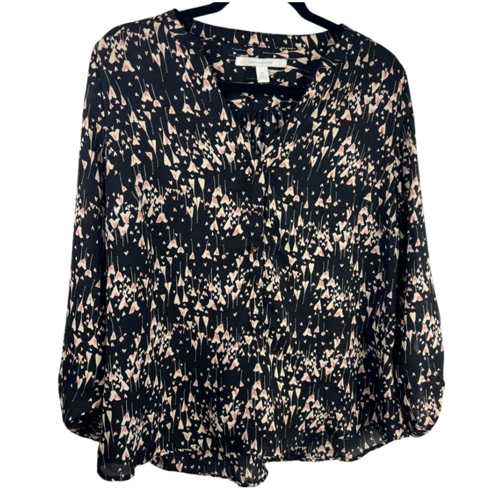 Lauren Conrad Black Pink Heart Print Blouse, XL, Button Front, Romantic Chic
